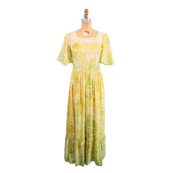 Vintage 1970s Yellow Maxi Dress Floral Flutter Sleeves Bohemian | W 29" - Picture 2 of 10